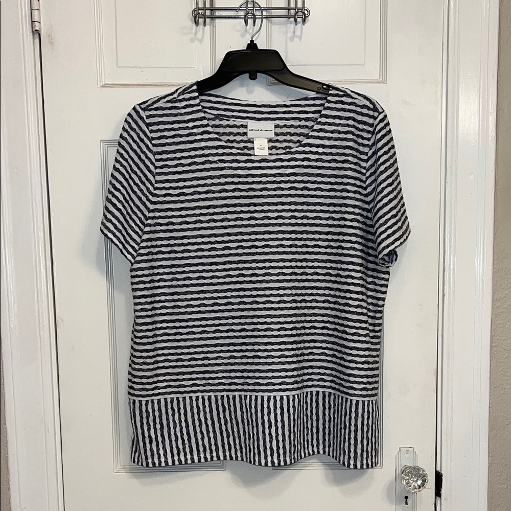 Alfred Dunner Navy and White Striped Short Sleeve Top